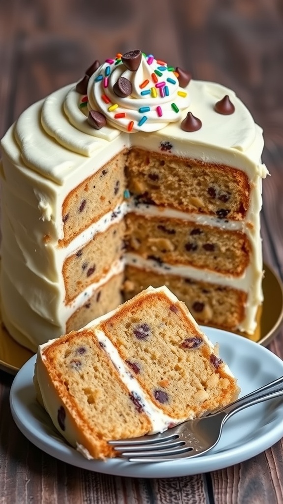 Triple layer cookie cake with frosting and chocolate chips, displayed on a rustic wooden table with a slice on the side.